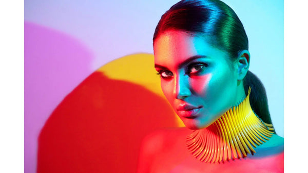 Fashion Model Woman in Colorful Bright Lights